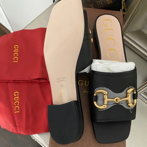 Gucci Black Sandals with Gold Accents - Picture 2 of 9